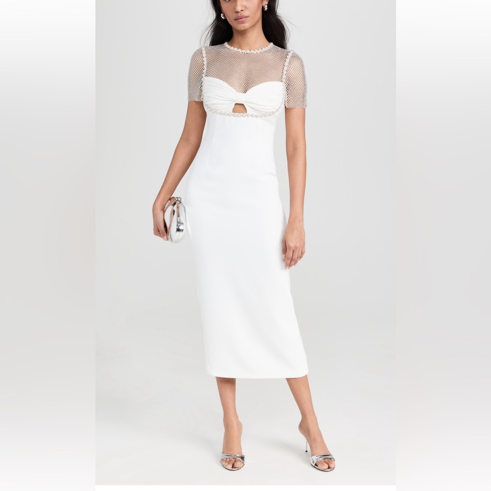 Self-Portrait White Midi Dress with Sheer Mesh Yoke